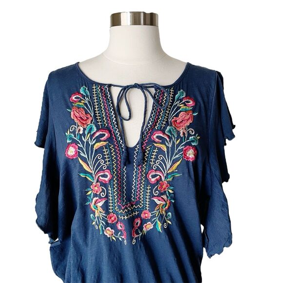 Ranna Gill Enesta Top M Blue Embroidery Floral Flutter Sleeve Boho Anthropologie - Picture 2 of 8